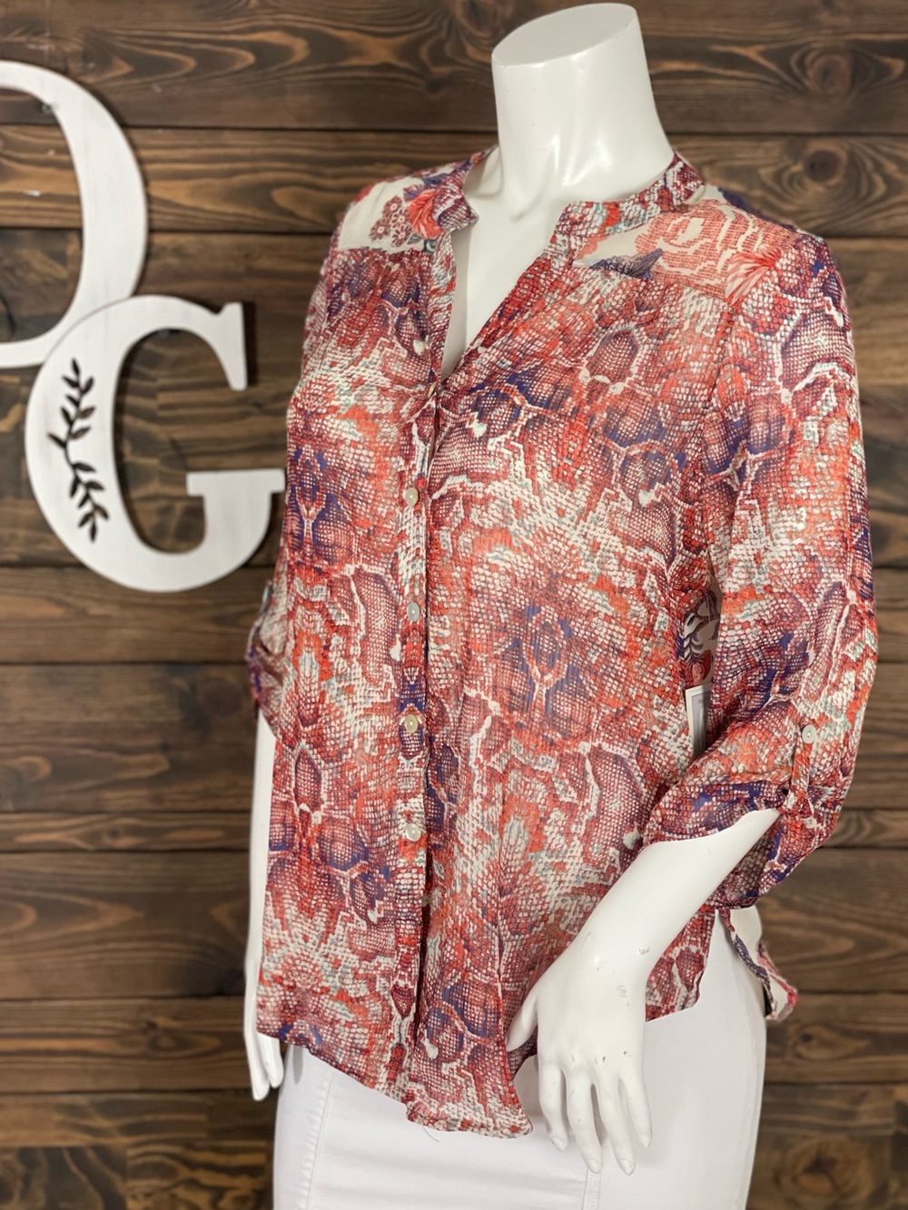 Fig and Flower | Snakeskin Printed Sheer Button Up Opal Buttons Quarter Sleeve